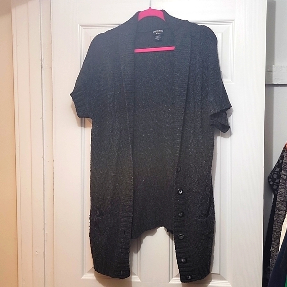 Charcoal sweater open front button cardigan short sleeve Canyon River Blues LG